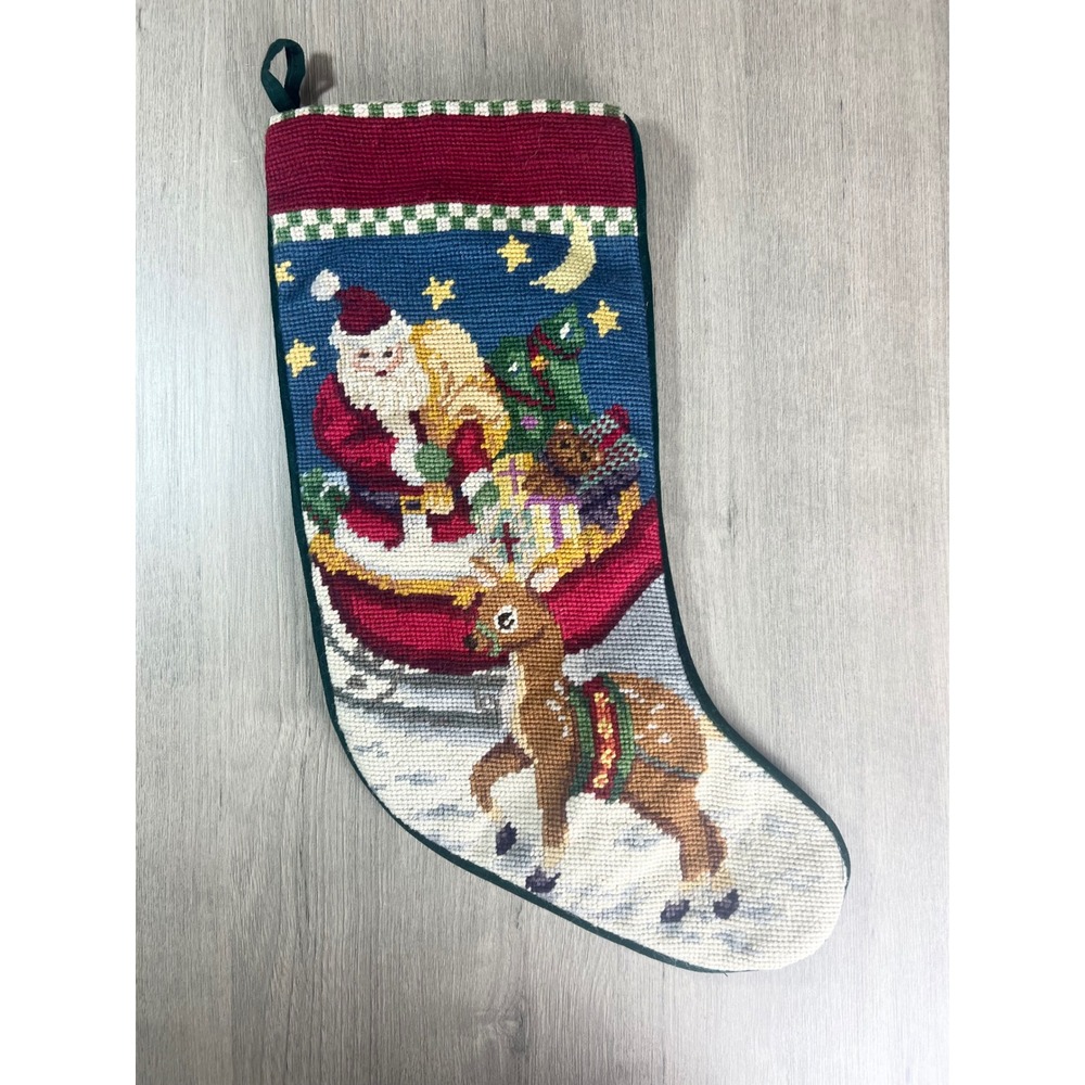 Vintage Needlepoint Christmas Stocking Santa Sleigh Reindeer Velvet Back 17in